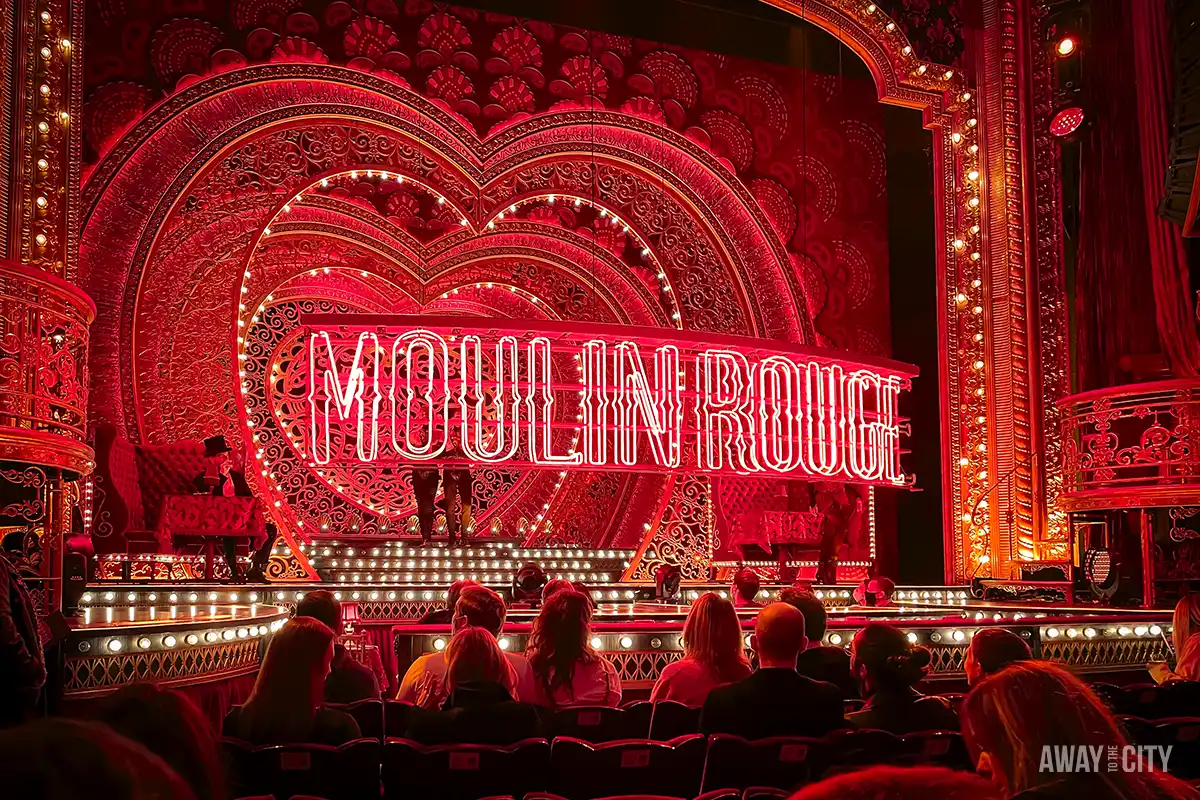 The interior of a theater in London's West End, featuring the famous Moulin Rouge musical production.