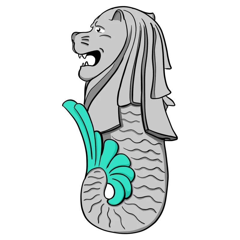 An illustration of the fictional animal Merlion, symbolising Singapore
