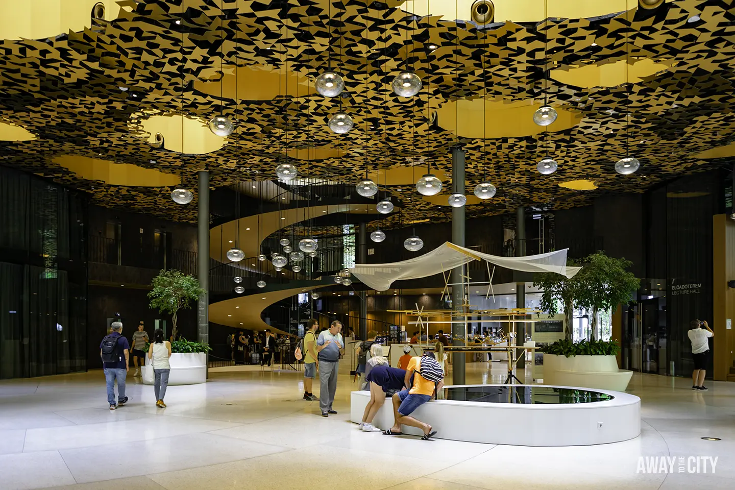 An interior view of the entrance area of the House of Music located in Budapest City Park.