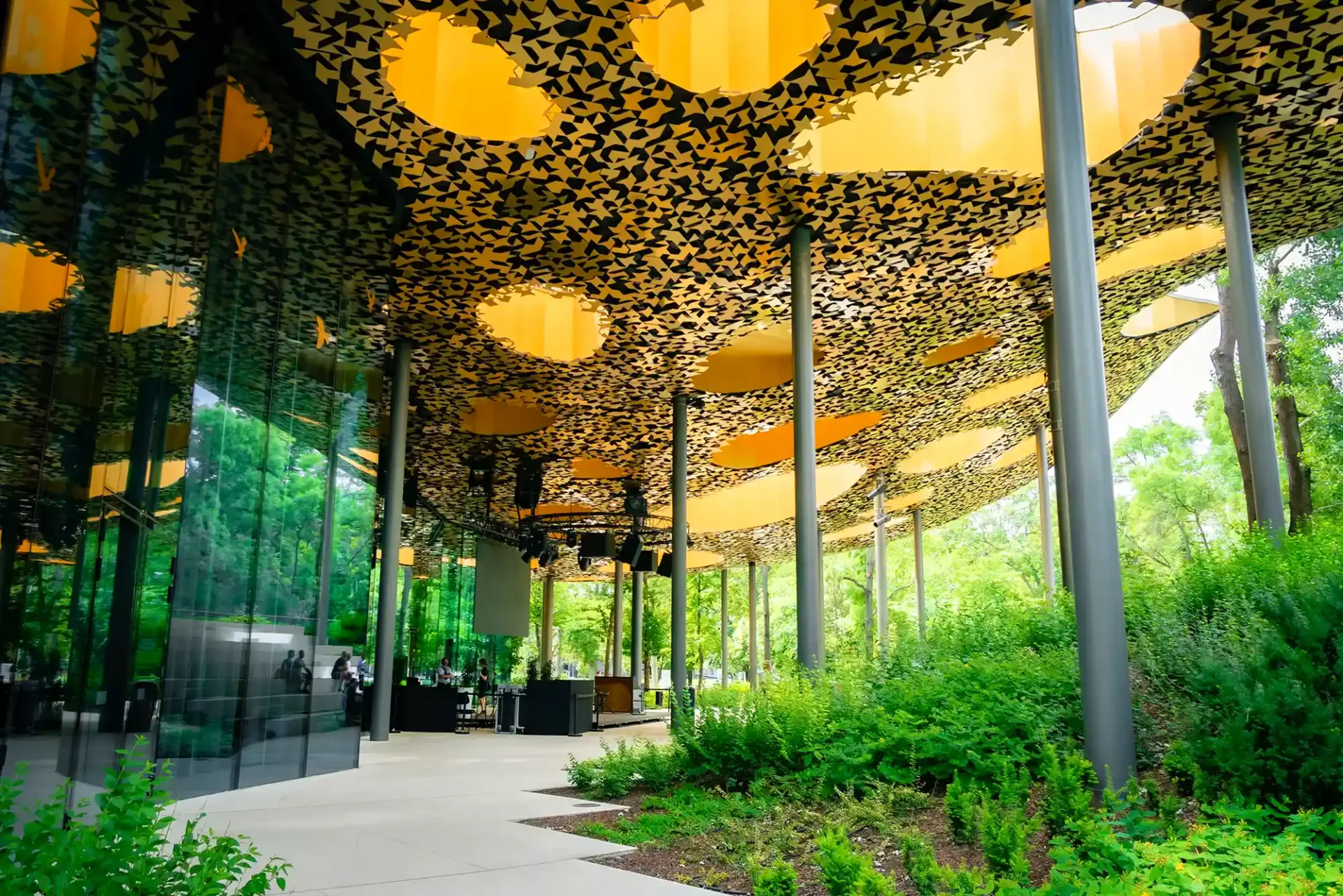 View of the House of Music's roof canopy in Budapest City Park.