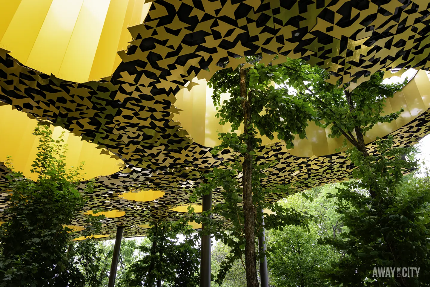 The rooftop area of the House of Music in Budapest City Park, featuring a unique canopy design resembling a tree in a roof crater.