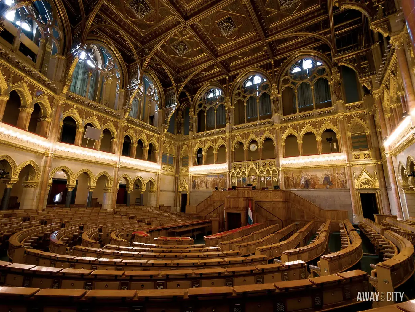 A view of the interior of the Hungarian Parliament Building in Budapest, specifically the Assembly Hall.