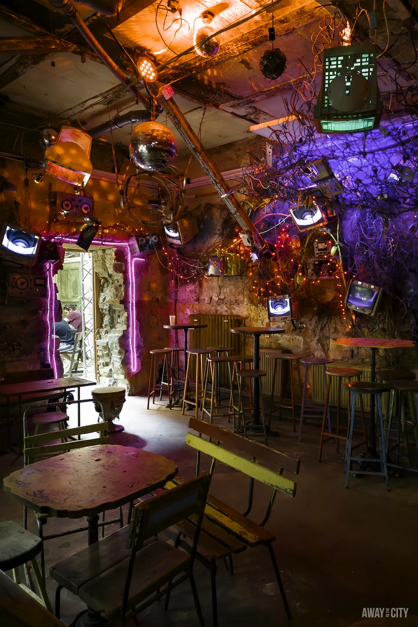 A disco ball in one of the rooms of the iconic Szimpla Kert ruin bar, a popular spot in Budapest.