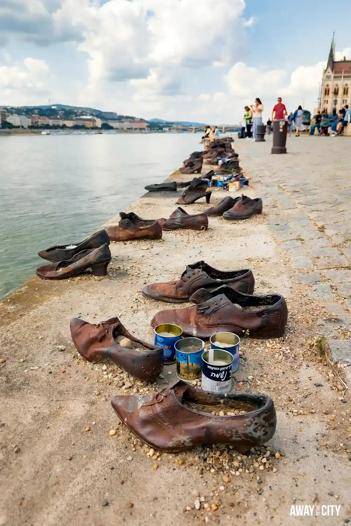 A poignant display of the "Shoes on the Danube Bank" memorial on the Budapest Danube Promenade, commemorating the victims of the Holocaust.