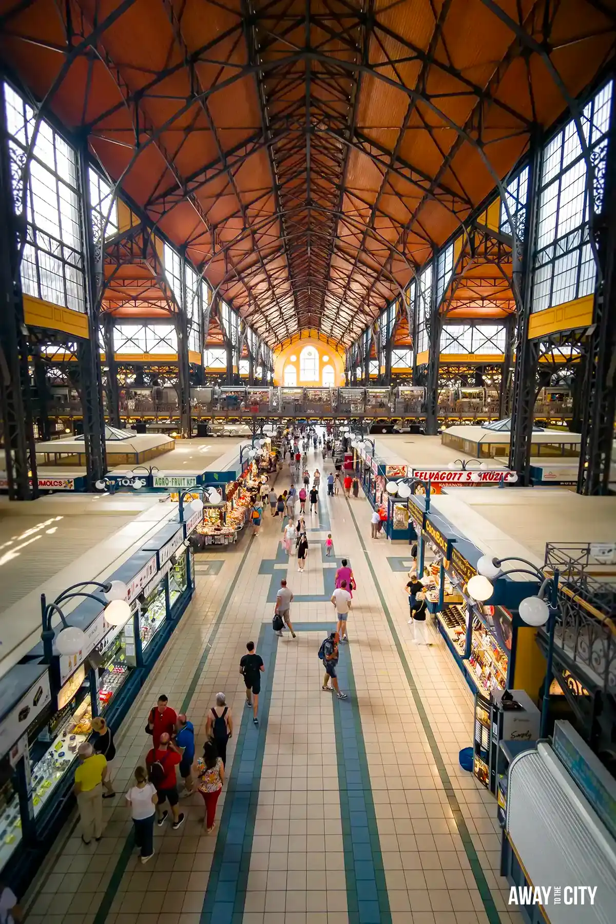 A view of the bustling interior of the Great Market Hall in Budapest.