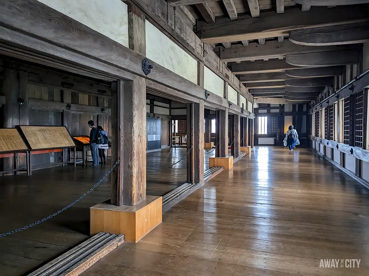 A picture of the interior of Himeji Castle, showcasing its elegant architecture and wood craftsmanship, one of the things to see on our 2-week Japan itinerary