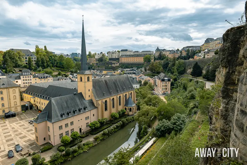 View over Luxembourg City's Grund District, with the Neumunster Abbey in the front