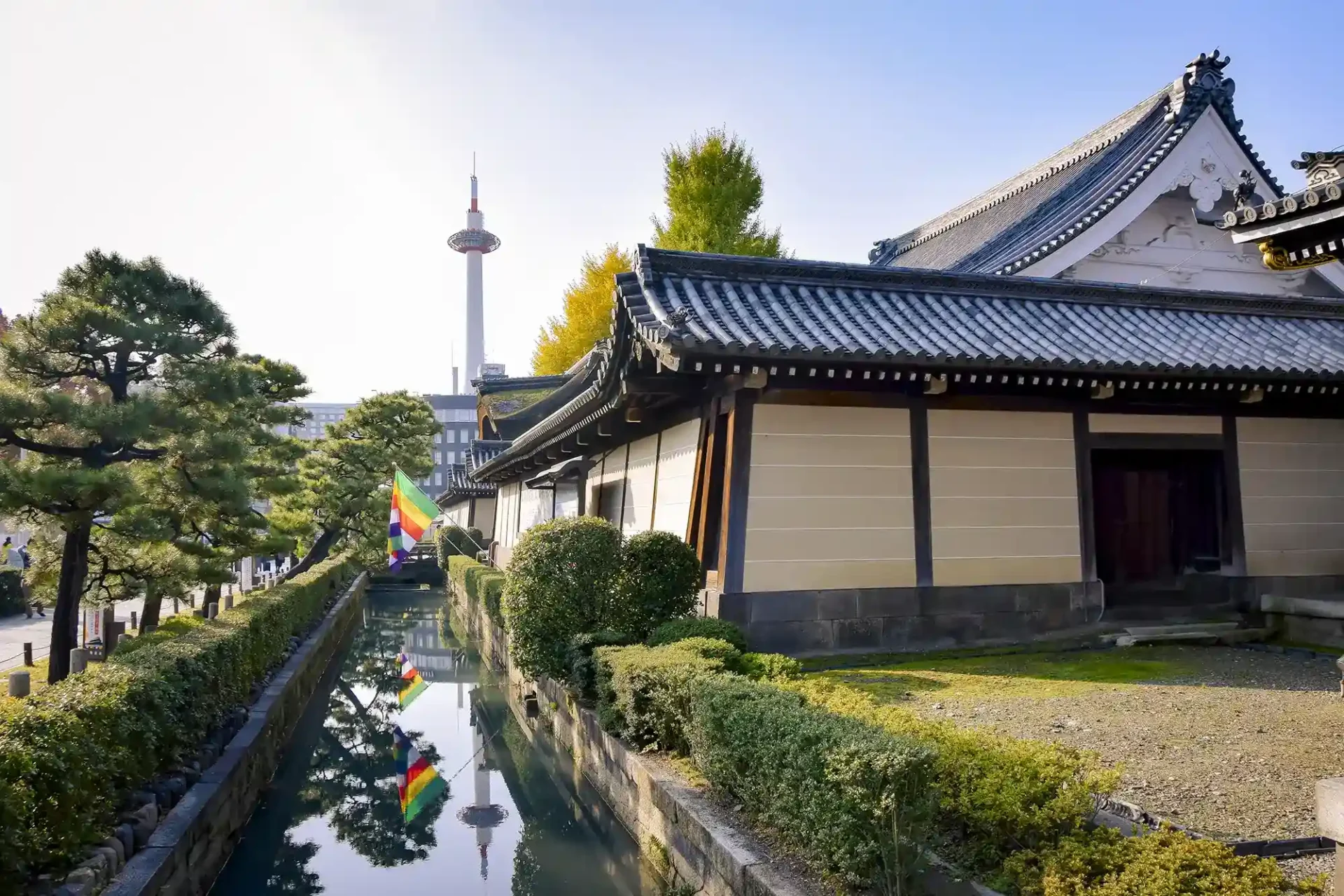 A picture of the complex of Kyoto's Higashi Hongan-ji from the street, with a stream of water surrounding the complex.