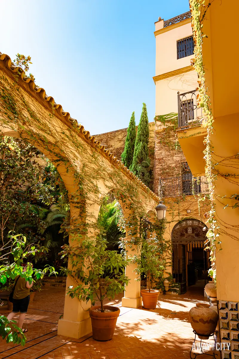 A picture of the garden courtyard of the Palace of the Countess of Lebrija in Seville, showcasing a serene oasis with lush greenery and a tranquil ambience.
