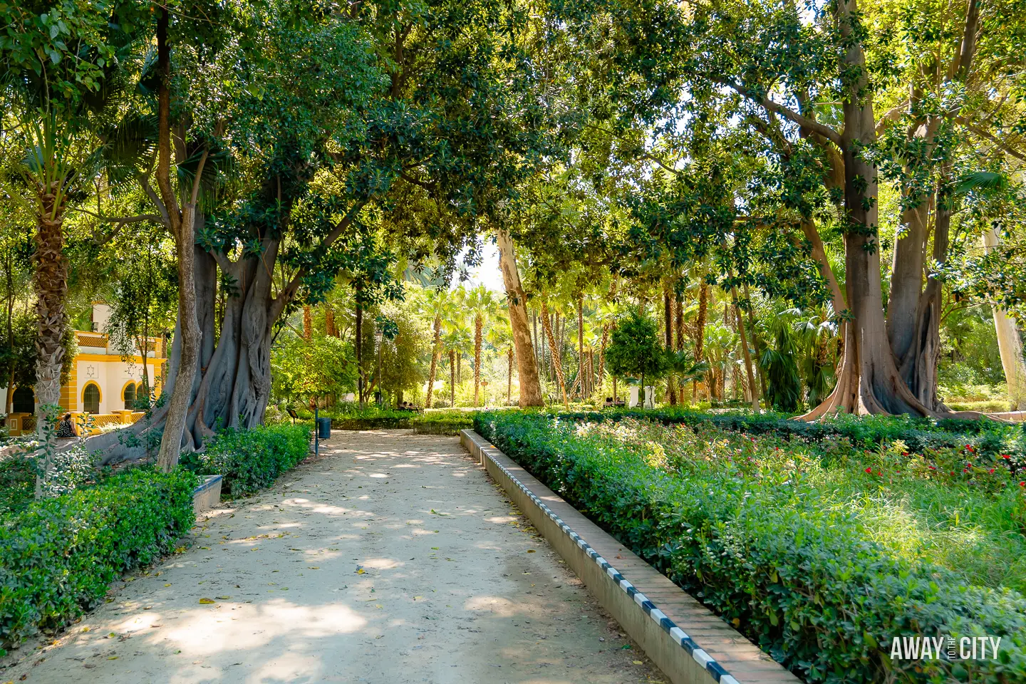 A picture of a path with bushes and trees and the Casa de los Pájaros (House of the Birds) in the background in Parque de María Luisa, Seville.