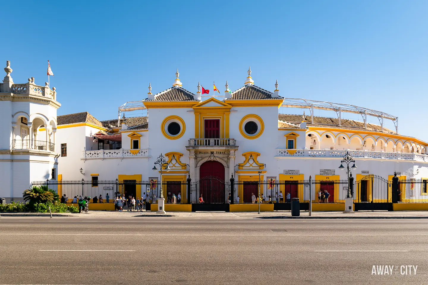 A front view of Plaza de Toros Real Maestranza in Seville, capturing the grandeur and architectural beauty of the bullring.