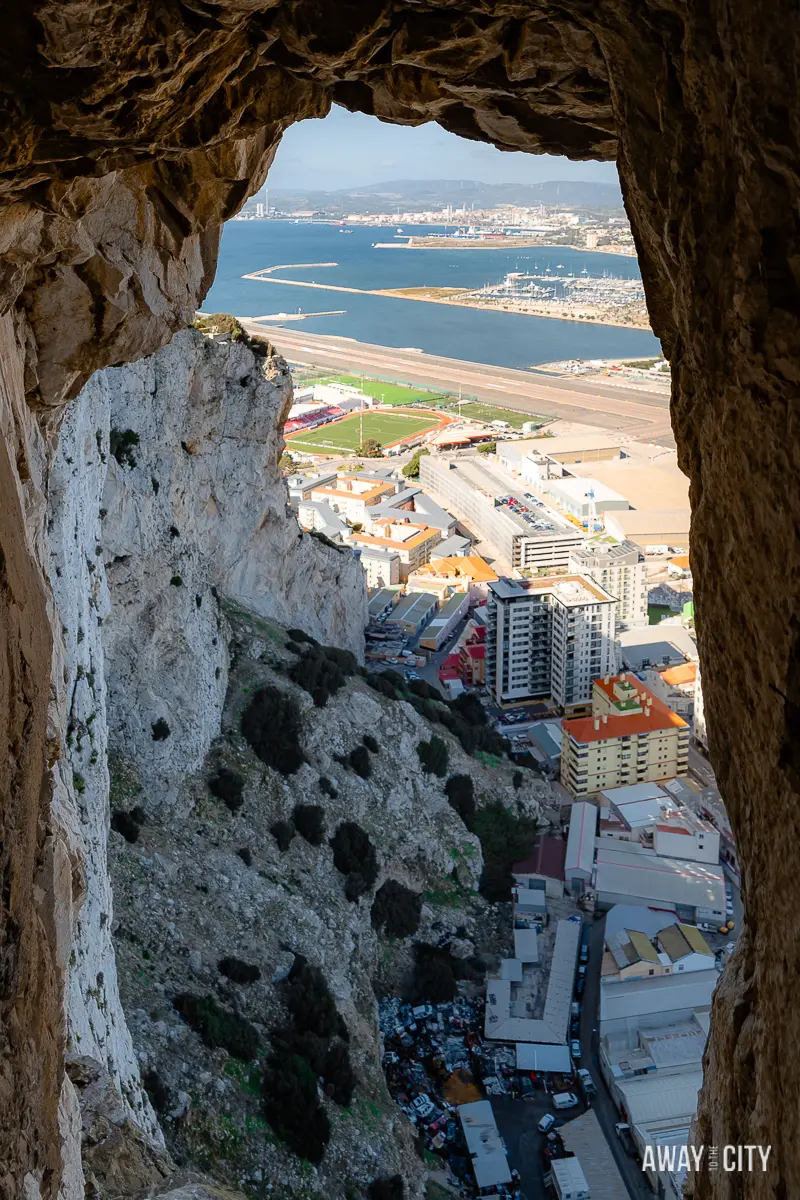 A picture of the panoramic view of Gibraltar city from a cave within the Great Siege Tunnels.