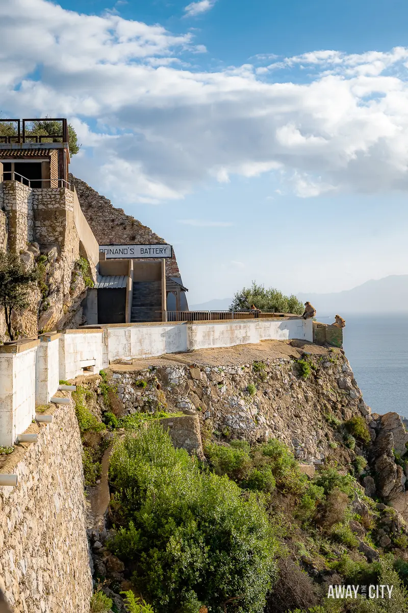 A picture of Prince Ferdinand's Battery building at the Apes' Den in Gibraltar Nature Reserve's Upper Rock with a few monkeys in the background.