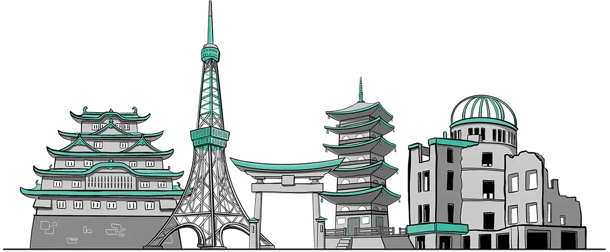 An illustration with several iconic landmarks from cities across Japan.