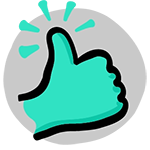 An illustration of a turquoise thumb pointing up with black outlines, displayed against a grey background, representing a recommendation.