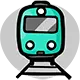 An icon of a teal train front view on a light grey background.