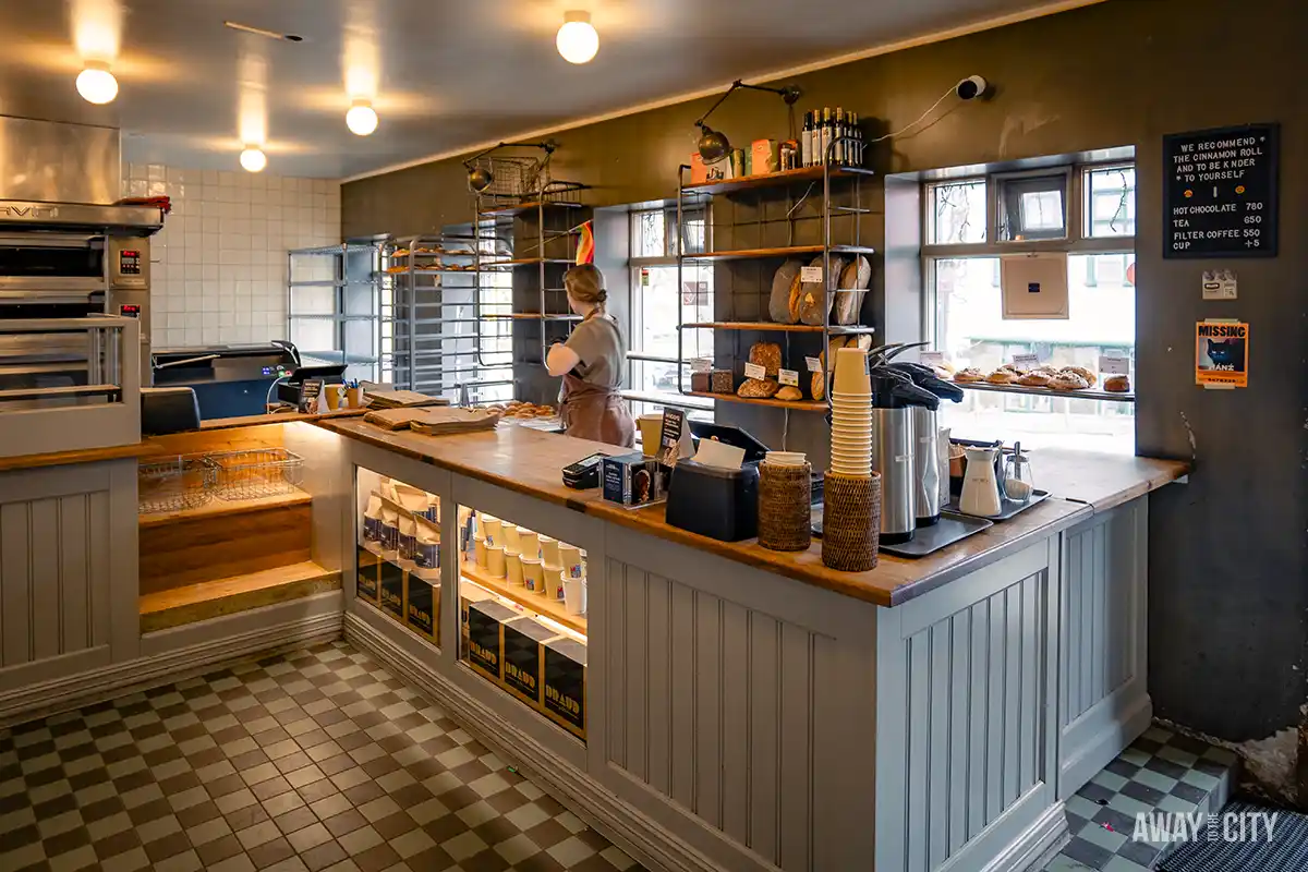 A counter in the famous Brauð & Co bakery, which sells the best cinnamon rolls in Reykjavik and is a must-visit spot in Iceland in winter.