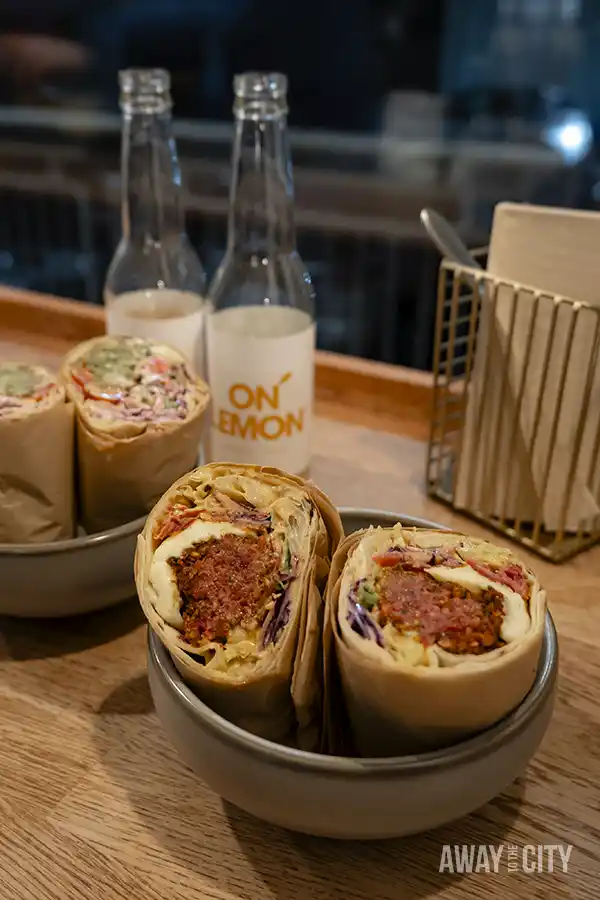 Two bowls of falafel wraps on a table at the family-run Chickpea restaurant in Reykjavik.