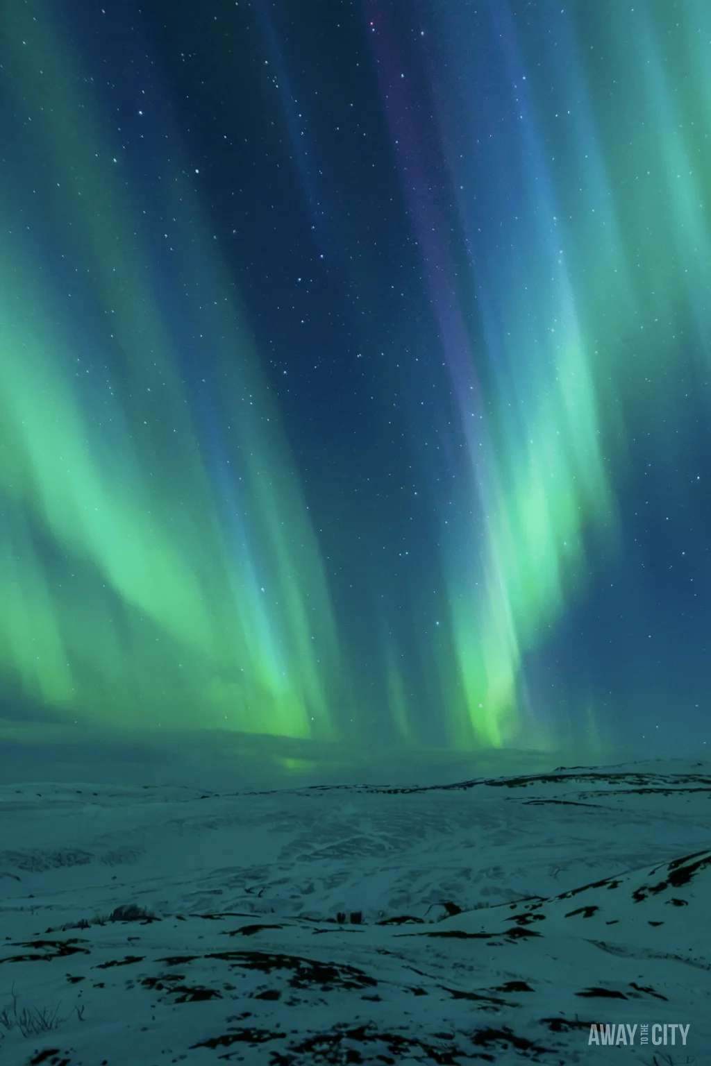 The Aurora Borealis paints the night sky with green streaks above a snow-covered landscape.