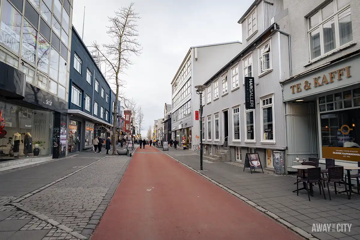 A street with buildings and people walking, taken at the pedestrian-friendly main shopping street in Reykjavik called "Laugavegur", one of the best things to see in Reykjavik in winter.