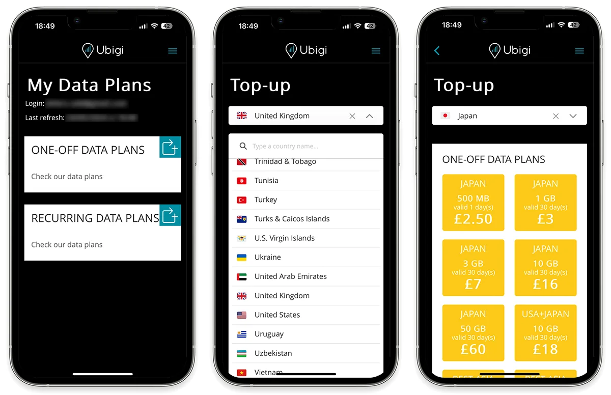 Screenshots of the review of Ubigi's eSIM app, showing the data plan process.