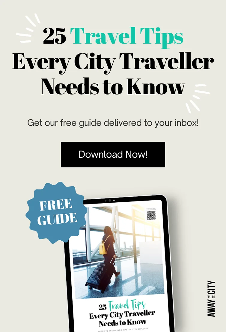 A tablet with a PDF on it, and text that says '25 Travel Tips Every City Traveller Needs to Know'