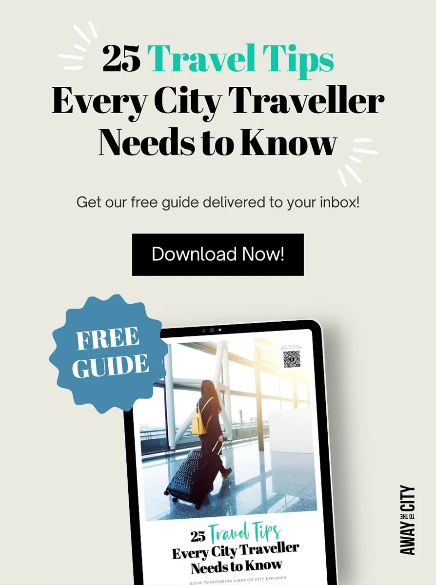 A tablet with a PDF on it, and text that says "25 Travel Tips Every City Traveller Needs to Know".