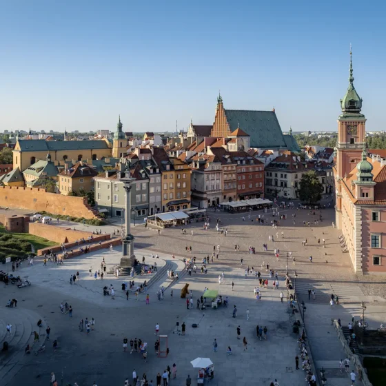 View of Castle Square, Warsaw's main square in the Old Town, taken from the bell tower of St Anne's Church.