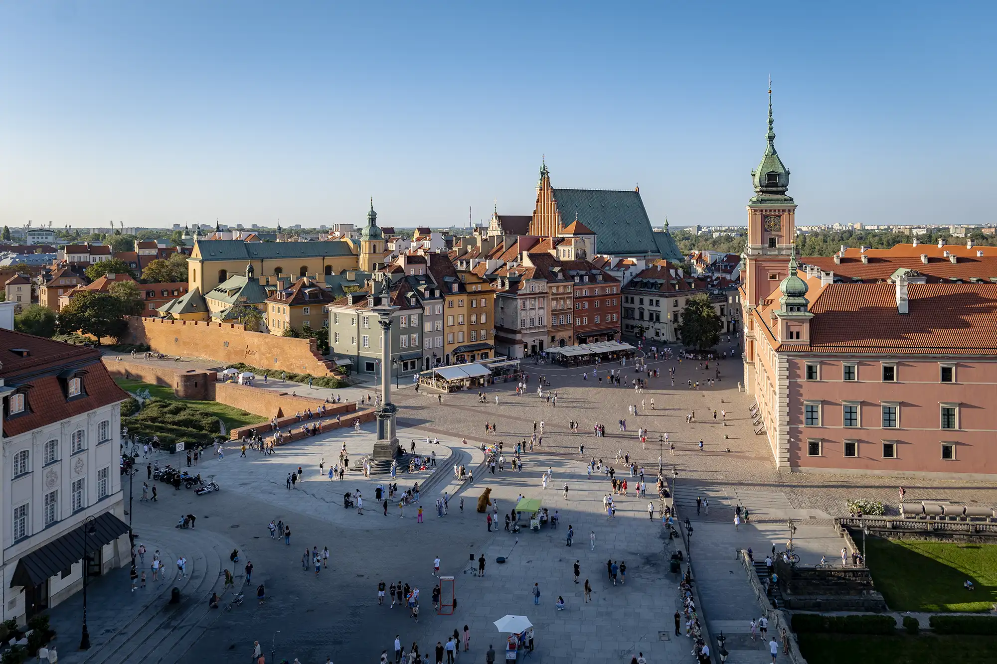 View of Castle Square, Warsaw's main square in the Old Town, taken from the bell tower of St Anne's Church.
