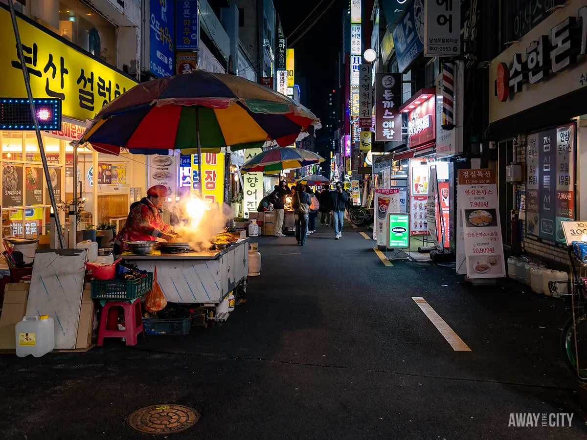 A woman cooking Korean food at a street food stall in Seomyeon District in Busan, South Korea, at night.