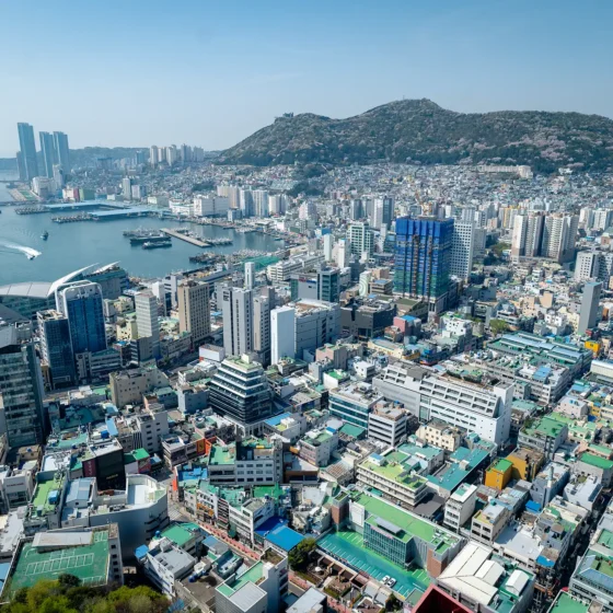 Panoramic view of Busan from Busan Tower in Yongdusan Park in Busan, South Korea.