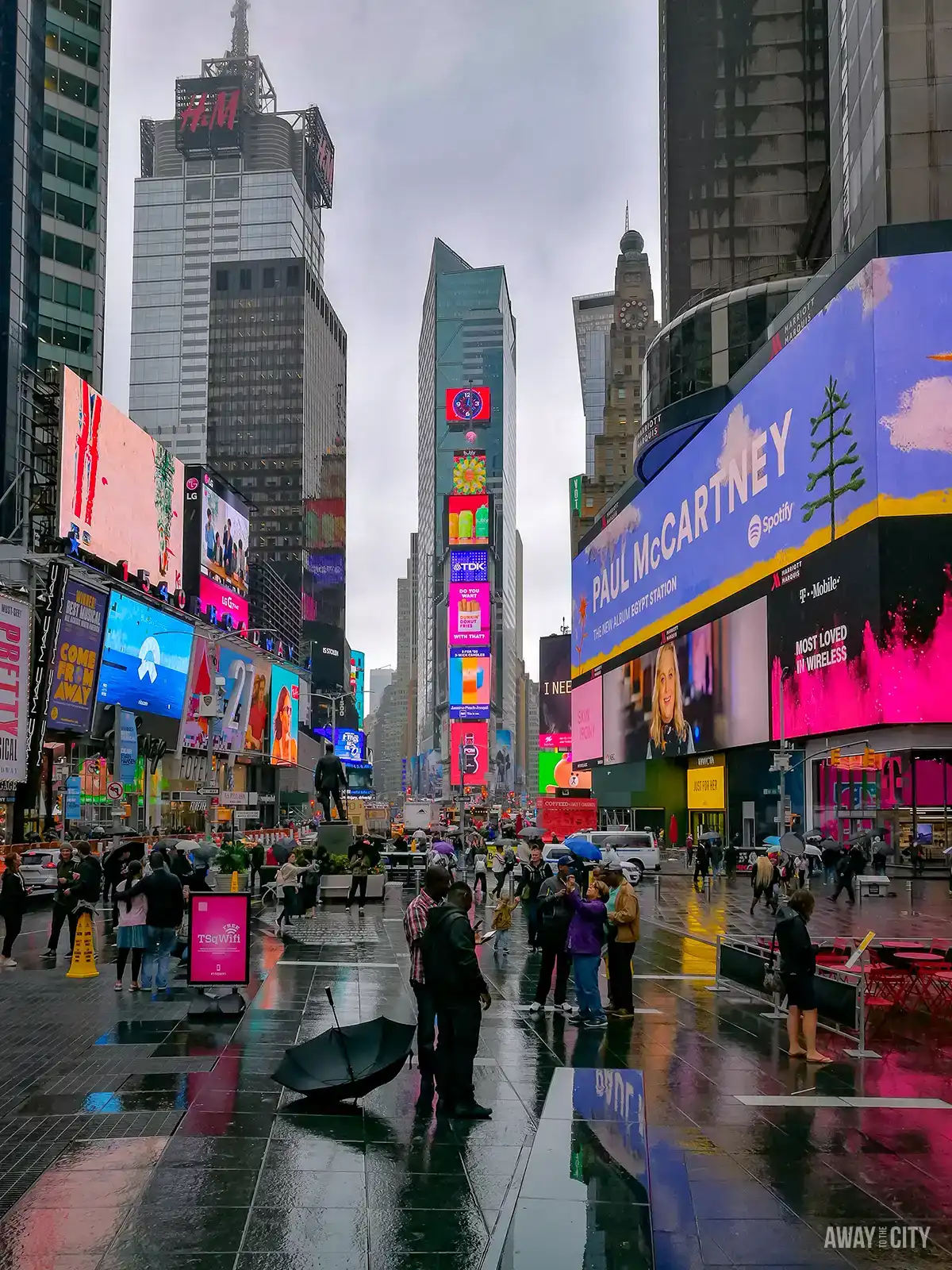 A group of people in Times Square with umbrellas on a rainy day in NYC.