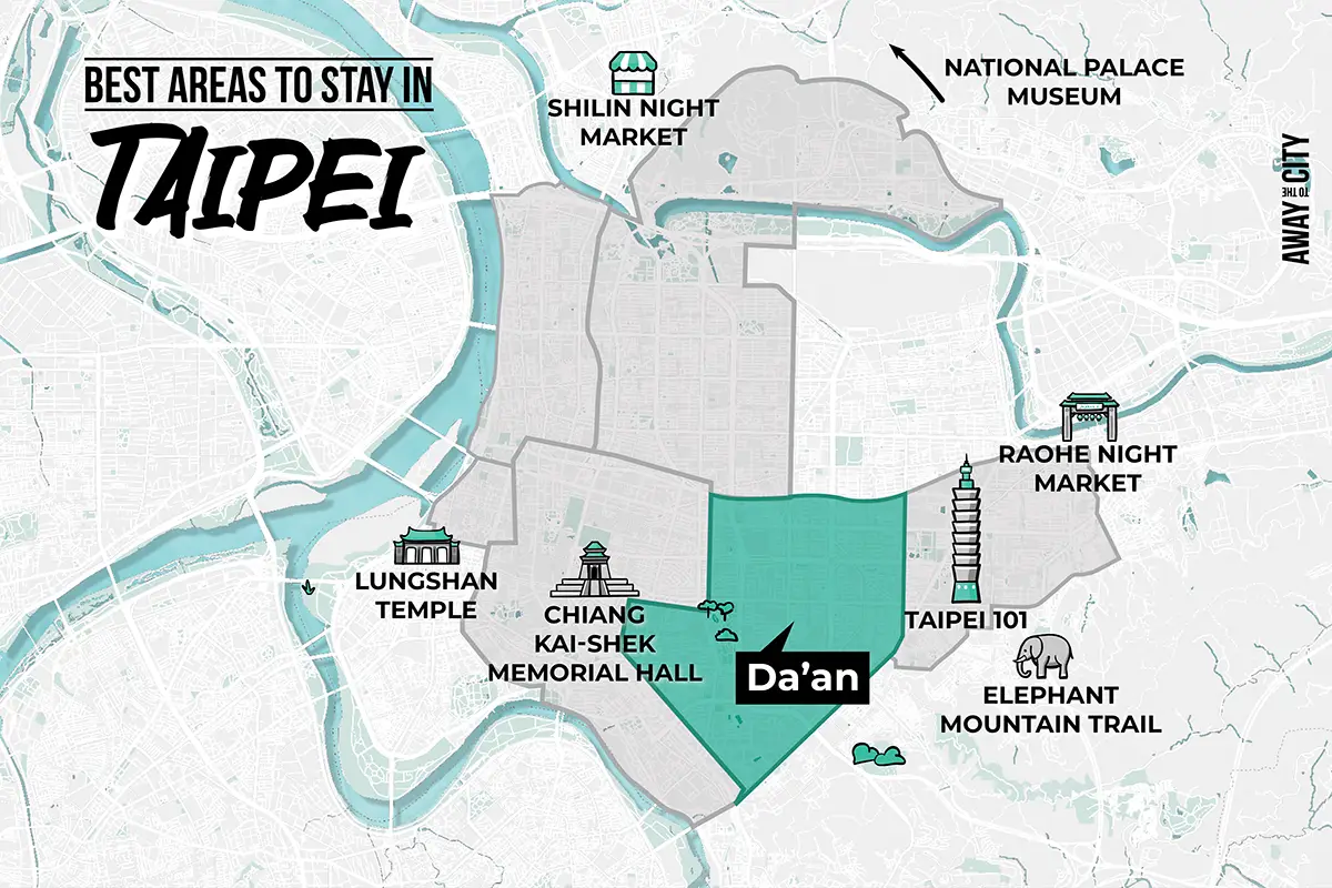An illustrated map that shows Da'an, one of the best areas to stay in Taipei as a first-time visitor and some of the key attractions, created by Away to the City.