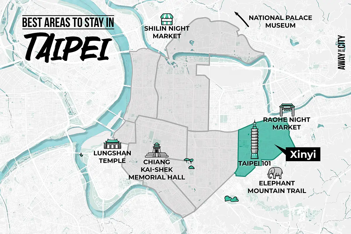 An illustrated map that shows Xinyi, one of the best areas to stay in Taipei as a first-time visitor, and some of the key attractions, created by Away to the City.