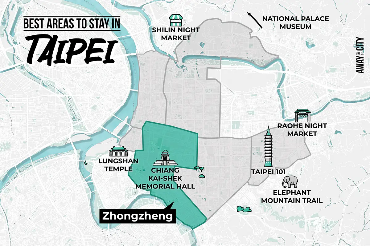 An illustrated map that shows Zhongzheng, one of the best areas to stay in Taipei as a first-time visitor and some of the key attractions, created by Away to the City.
