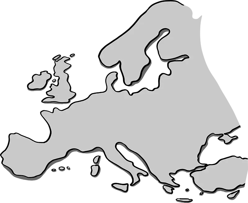 A simple, stylised map of Europe is depicted in shades of grey.