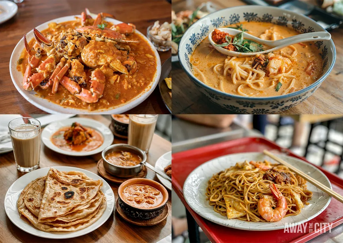 A collage showcases various local Singaporean dishes, including chilli crab, laksa, roti prata with curry, and laksa.