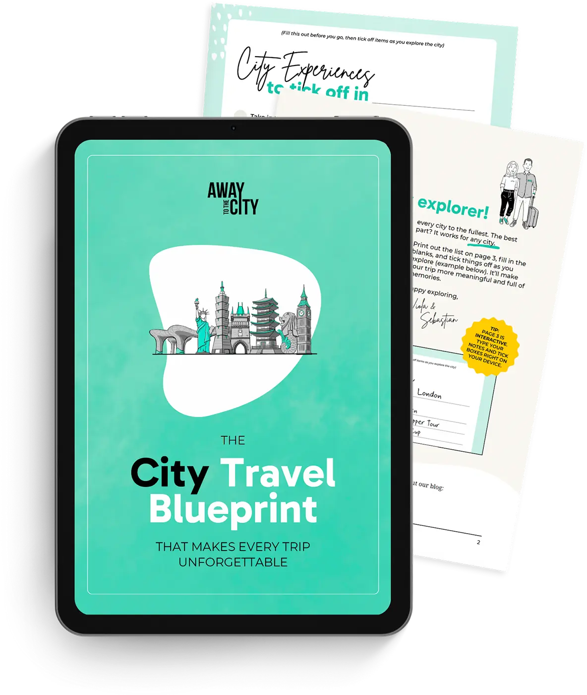A tablet screen displays the title page of a guide called "The City Travel Blueprint" over pages with travel checklists and tips.