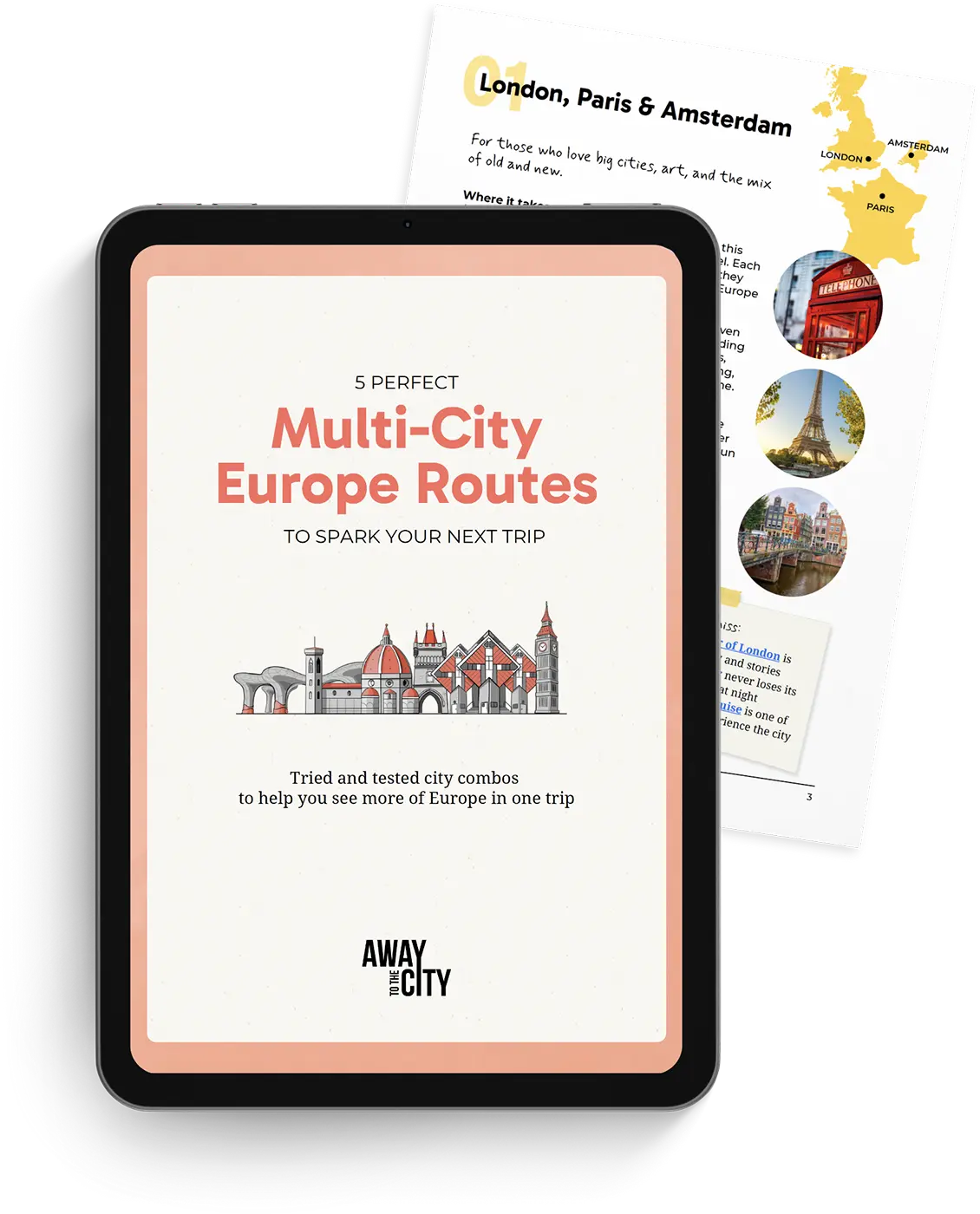 A tablet displays the title page of a guide, "5 Perfect Multi-City Europe Routes".