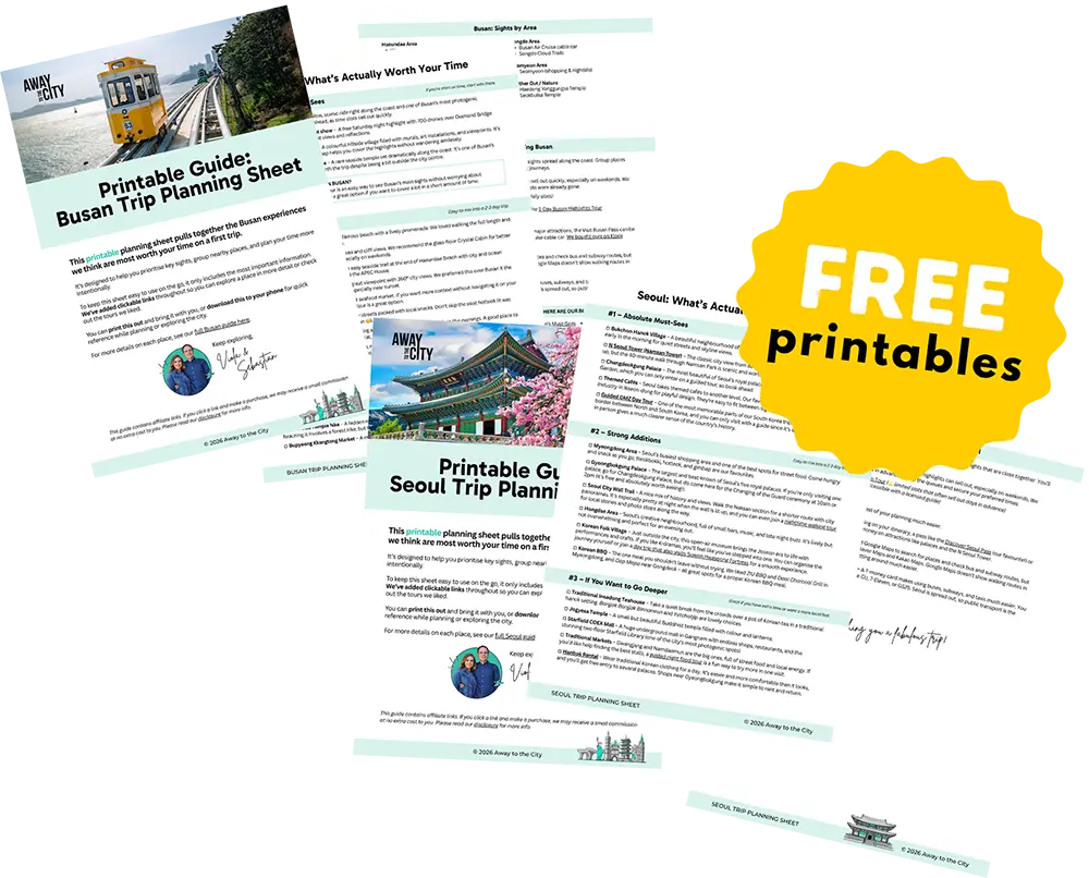 Collage of printable Seoul and Busan trip planning sheets with highlighted text and yellow overlay reading “FREE printables”.