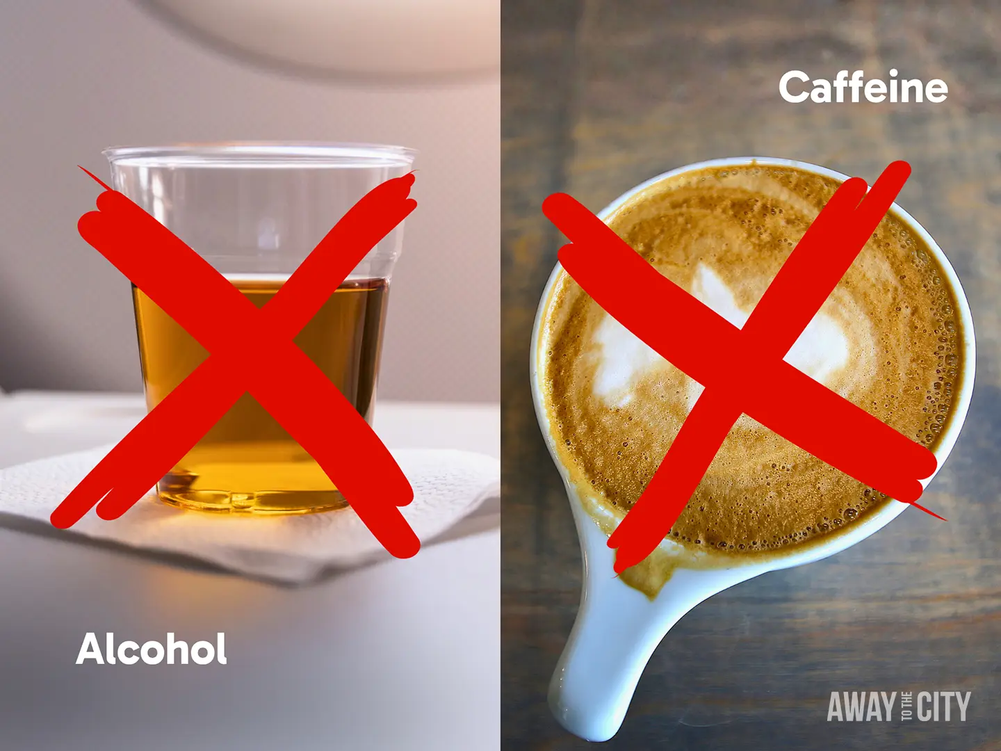 Alcohol and coffee labelled “Alcohol” and “Caffeine” are crossed out, illustrating drinks travellers should avoid during flights to help manage jet lag.