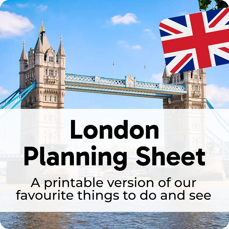 Tower Bridge in London with UK flag icon and overlay text 'London Planning Sheet' and 'A printable version of our favourite things to do and see'.