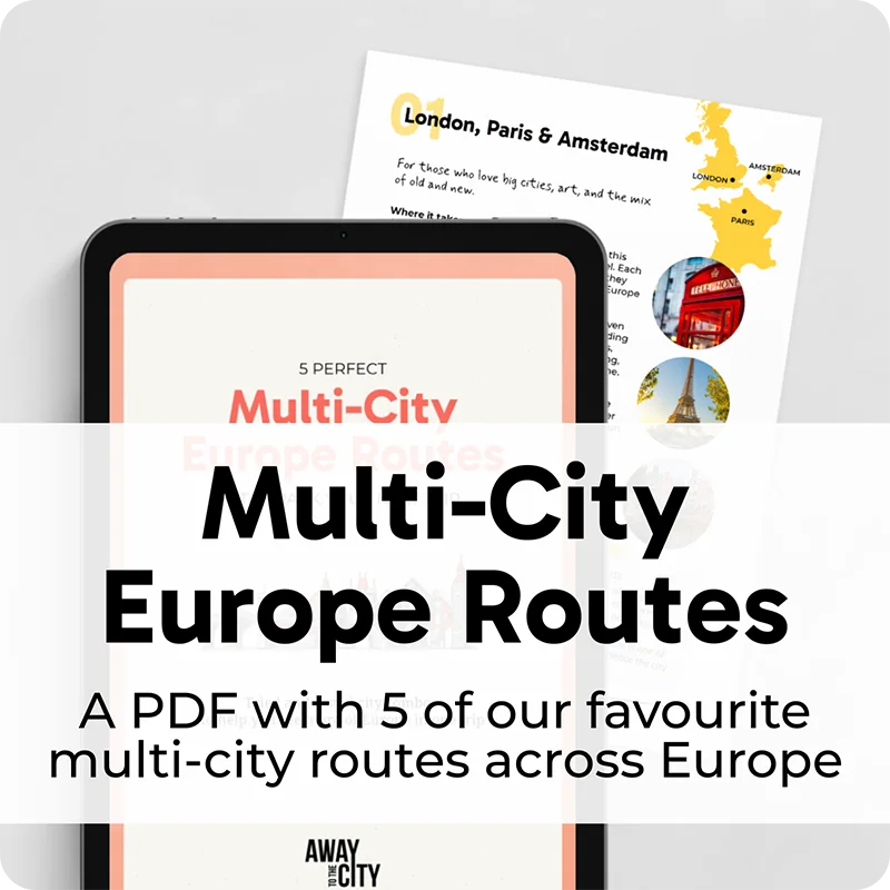 Tablet displaying guide cover with overlay text 'Multi-City Europe Routes' and 'A PDF with 5 of our favourite multi-city routes across Europe'.