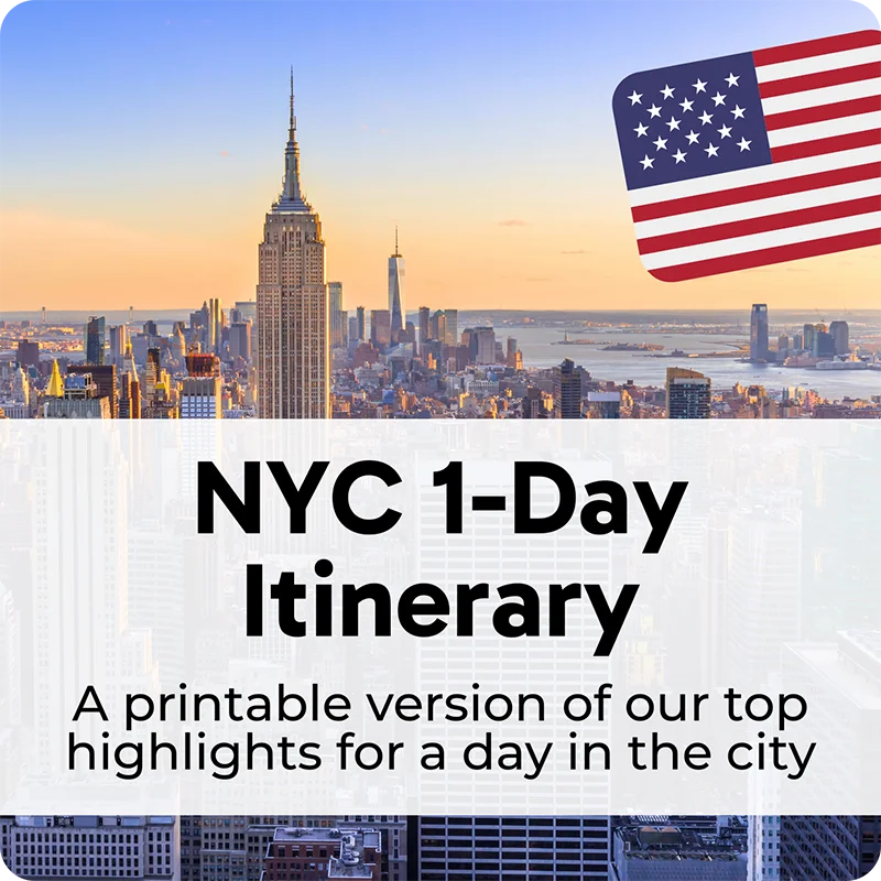 New York skyline with US flag icon and overlay text 'NYC 1-Day Itinerary' and 'A printable version of our top highlights for a day in the city'.