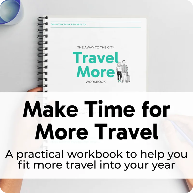 Spiral-bound workbook on desk with overlay text 'Make Time for More Travel' and 'A practical workbook to help you fit more travel into your year'.