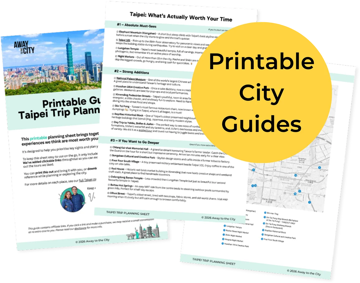 Printable Taipei Trip Planning sheets with skyline photo and yellow circle overlay text reading “Printable City Guides”.
