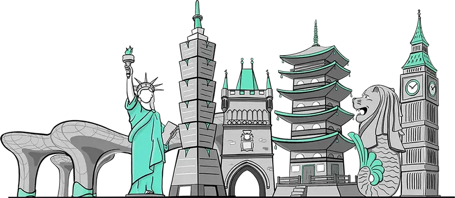 A teal, black, and gray illustration features the skylines of various world cities, including the Statue of Liberty and Big Ben.