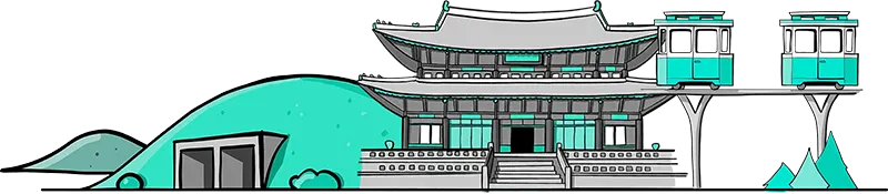 A stylised illustration shows the Busan Sky Capsule, the Daereungwon Tomb Complex in Gyeongju, and a traditional Korean temple in Seoul.