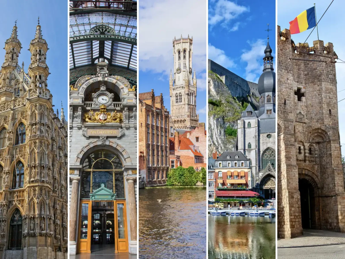 A collage of five vertical images showcases various architectural landmarks and scenic views from Belgian cities.