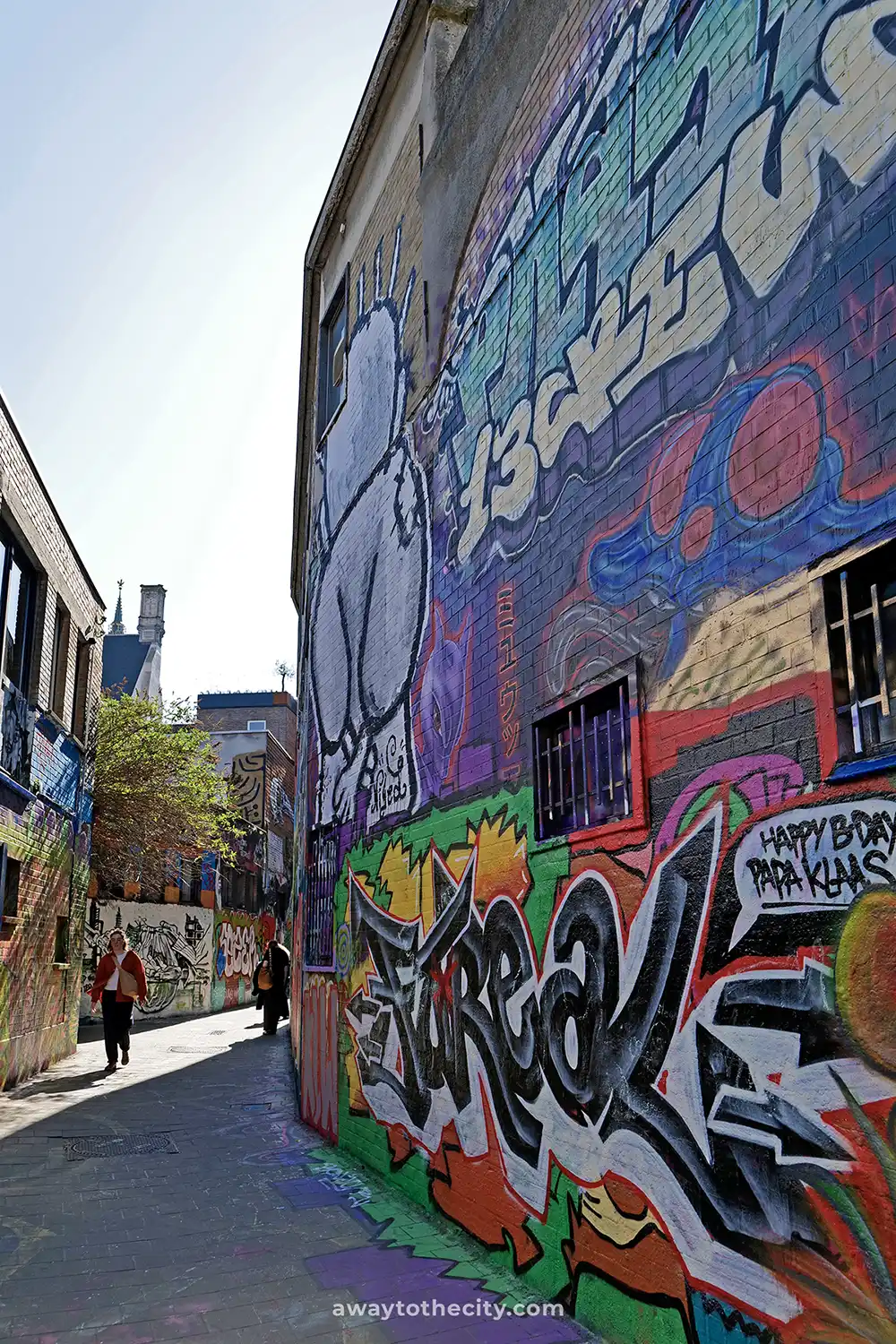 Ghent's Graffiti Alley is brightly adorned with colourful street art covering the walls of the buildings.
